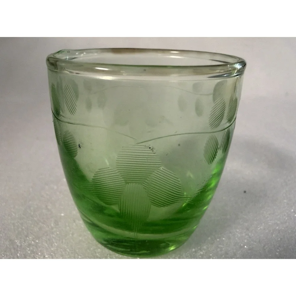 Uranium Glass Cordial Shot Glass Etched Floral UV Glow 2.75